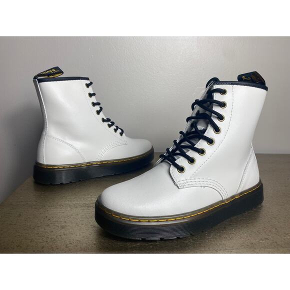 NEW DR MARTENS BOOTS WOMENS FAIRY GRUNGE EDGY WHITE LEATHER COMBAT BLACK ZAVALA - Picture 1 of 10